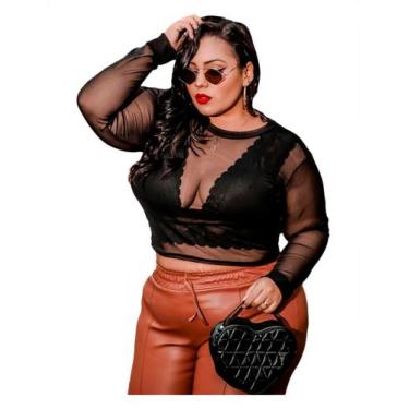 Imagem de Blusa Cropped Tule Transparente Plus Size Manga Longa - PLUS MESMO E D