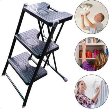 Imagem de Escada Dobrável 3 Degraus Antiderrapante Em Aço Anodilar preta