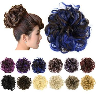 Imagem de IMISSU 2PCS de cabelo bagunçado coque updo scrunchies falsos rabo de cavalo extensão de cabelo ondulado encaracolado chignon faixa de cabeça para meninas (2PCS Marrom Azul)