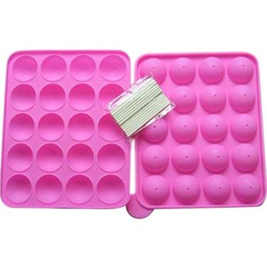 Imagem de Rbenxia Molde de silicone para bolo de 20 cavidades, meia volta, pirulito, festa, cupcake, assar, bolo, pop, bandeja de molde rosa com 25 varetas