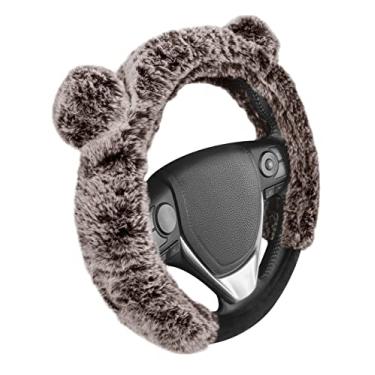 Imagem de BDK Capa de volante de pele de urso, capa de direção felpuda de pele sintética de pelúcia para carro, caminhão, Van SUV, tamanho padrão para rodas de 36,8-38,1 cm de diâmetro, marrom com orelhas