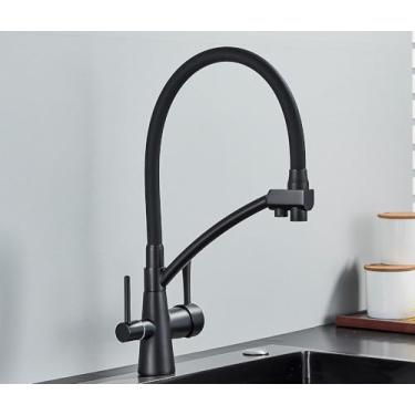Imagem de Filtro de água torneira da cozinha 2 em 1 preto puxar para baixo torneiras pia água pura para cozinha deck giratória misturadora fria, preto fosco a