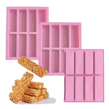 Imagem de QUDUME Molde de silicone para barra de granola, pacote com 3 moldes retangulares de silicone, 8 cavidades, moldes de sabonete, barra energética, barra de cereais, molde de barra de doces para brownie