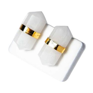 Imagem de Brinco Micro Bi Ponta Envolto Pedra Quartzo Leitoso Dourado - Cristais