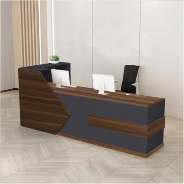 Imagem de Mesa de recepção de madeira moderna com balcão e gaveta com trava, recepção de salão L-Shap, balcão de entrada, balcão de recepção, balcão de recepção, fácil de montar, nogueira R, 94,49x