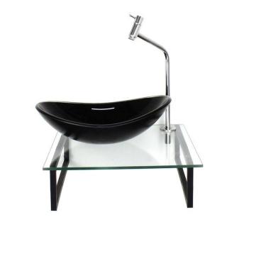 Imagem de Kit Cuba de Vidro Oval 10cm Tampo 40cm com Suporte Torneira Válvula Preto
