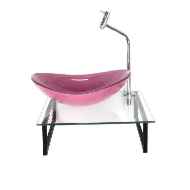 Imagem de Kit Cuba de Vidro Oval 10cm Tampo 40cm com Suporte Torneira Valvula Rosa