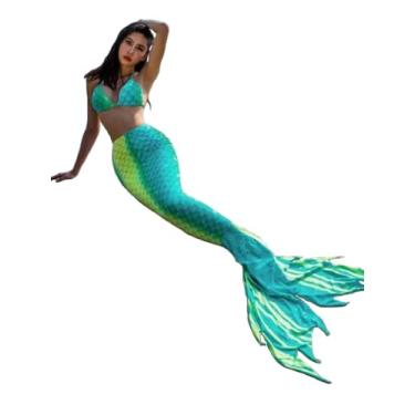 Imagem de LVTFCO Fantasia de apresentação de palco verão três peças roupa de praia cauda de peixe adulto sereia saia pendurado no pescoço, verde - G