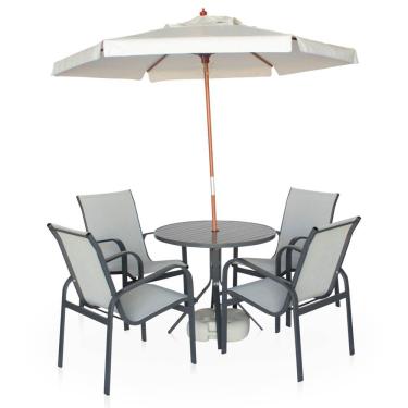 Imagem de Conjunto 1 Mesa + 4 Cadeiras Em Alumínio + 1 Ombrelone Branco De 2 Metro - Graffite E Café Com Leite