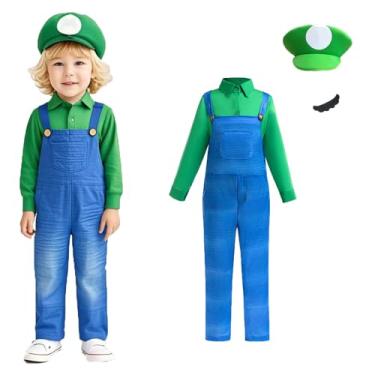 Imagem de Shaopaushow Kids Super Bros Costume Mario/Luigi Outfits for Toddler Boys Halloween Cosplay Overalls Plumber Jumpsuit with Hat (RA85, 4-5T)