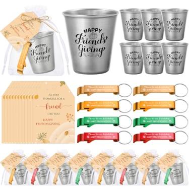 Imagem de Roshtia Conjunto de 15 lembrancinhas de festa de ação de amigos de aço inoxidável 67 g copos de shot e abridor de garrafa chaveiro com etiqueta de agradecimento bolsa de organza para artigos de festa