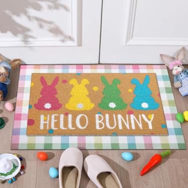 Imagem de Tinideya 2 peças de tapete de porta bem-vindo ao ar livre antiderrapante tapetes de fibra de coco capachos sazonais para decoração de entrada da varanda da frente (Hello Bunny)
