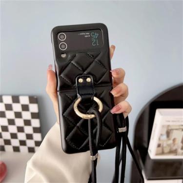 Imagem de Capa de telefone luxuosa com alça transversal, para samsung galaxy z flip 4 3 z flip3 zflip4 5g, capa de couro com anel fofo, preta, para z flip 3