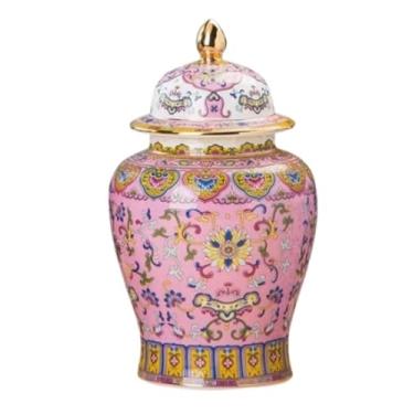 Imagem de ADAOQIN Jarra de gengibre, pote de gengibre, cerâmica chinesa, vasos florais com tampa, vaso de porcelana esmaltado dourado, potes de templo, jarras de armazenamento de chá, vasos decorativos para