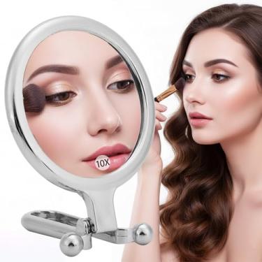 Imagem de Espelho de mão com ampliação dupla face, ampliação de 1x 10x, espelho de maquiagem dobrável para viagem, espelho de mão com pedestal giratório ajustável para mesa de mesa em prata