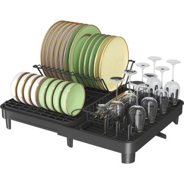 Imagem de BSNANCA Escorredor de louça grande, escorredor de pratos dobrável com drenagem, escorredor de pratos multifuncional grande com suporte de utensílios, suporte de copo para balcão de cozinha