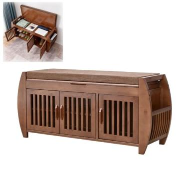 Imagem de Banco de sapato de bambu com almofada, sapateira de entrada e armazenamento, banco de entrada compacto de 101,6 cm com portas para sapatos organizados, ideal para espaços pequenos