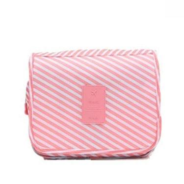 Imagem de Necessaire Organizadora com Gancho para Viagem Bagagem Mala (Rosa com listras branca)