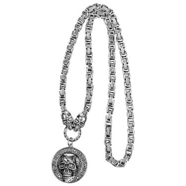 Imagem de Aroncent Colar de caveira Memento Mori: pingente de moeda gótico de aço inoxidável, joia unissex gravada italiana e hindi - corrente bizantina ajustável de 54 cm, Aço inoxidável, Sem Pedra Preciosa