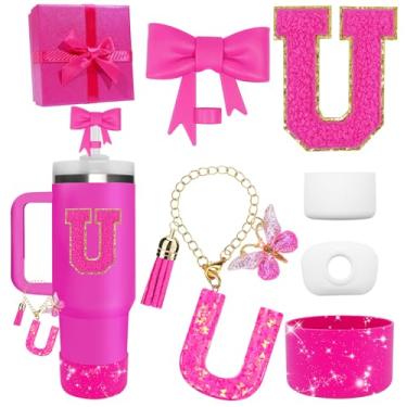 Imagem de Miglaja Acessórios pretos para copos Stanley 850.5 g 1,134.0 g, todos os acessórios caixa de presente contêm topo de palha de flor, bota de silicone, adesivos de letras e pingentes, conjunto de tampa