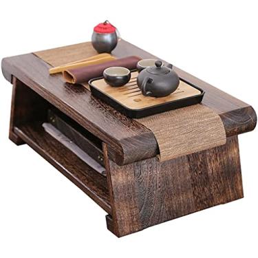Imagem de Mesa de chá retro dobrável, mesas auxiliares, mesa de centro de madeira maciça de 2 níveis com prateleira de armazenamento, mesa de tatami para sala de estar, janela (tamanho: 60 comprimento x 35