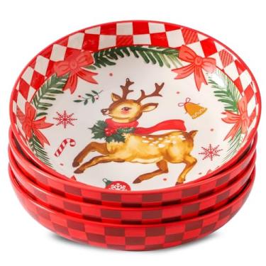 Imagem de HASENSE Conjunto de 4 tigelas de massa, pratos de servir de Natal para entretenimento, conjunto de tigelas de cerâmica de 1,077 g para sopa, salada, macarrão, pratos de servir de 21 cm para cozinha