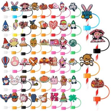 Imagem de Ninehaoou 48 peças de capas de palha para festas festivas fofas de silicone canudos, tampas de copos reutilizáveis para acessórios de 9 a 10 mm, Natal, Halloween, Páscoa, Dia da Independência