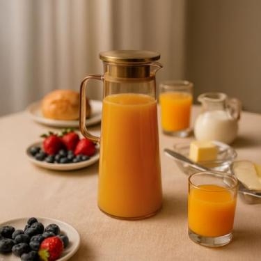 Imagem de Jarra de Vidro Borossilicato, Âmbar, 1350ml, Tampa Inox Dourada com Vedação em Silicone, Sistema Duplo de Saída para Chás e Bebidas Mori