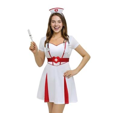 Imagem de Conjunto de fantasia de enfermeira feminina – Vestido sexy de enfermeira com cinto, faixa de cabeça, estetoscópio e adereços de seringa, lingerie cosplay de Halloween para festa adulta M