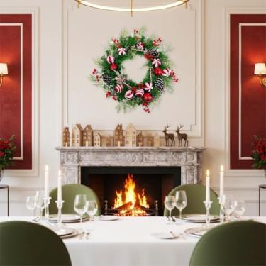 Imagem de Enfeite de guirlanda de Natal para porta da frente de 50 cm com luzes de LED, bagas de pinha, guirlanda de pinheiro artificial, enfeite decorativo para pendurar na porta da frente, ao ar livre