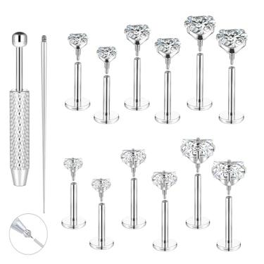 Imagem de Piercing de aço inoxidável cirúrgico hipoalergênico Tragus Labret cartilagem CZ Stud Piercing Joia Helix cartilagem concha nariz lábio labret medusa Piercingenic Be Equipped With Piercing Ball Grabber