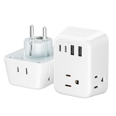 Imagem de Adaptador de tomada tipo E F, adaptador de tomada internacional, adaptador de alimentação de viagem para Alemanha França com 4 tomadas CA e 4 portas USB (2 USB-c), adaptador de tomada de viagem para a
