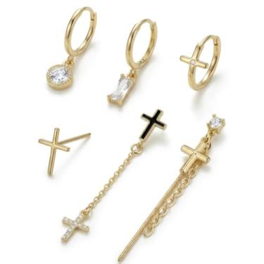 Imagem de NEOTIGER Elegante conjunto de brincos de ouro de 6 peças: 3 brincos de argola e 3 brincos com cruz, borla e zircônia cúbica, joia hipoalergênica para mulheres, uso diário e festa
