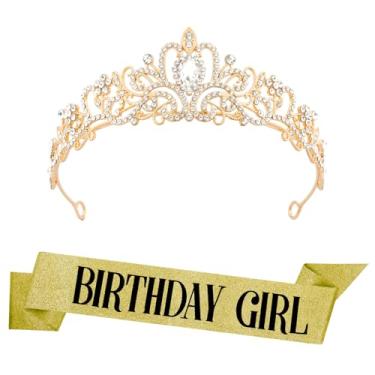 Imagem de PQRUU Faixa de aniversário dourada e tiara para mulheres, acessórios de decoração de aniversário, princesa, rainha, lembrancinhas de festa, brilhante, strass, coroa e faixa para meninas e mulheres, 21
