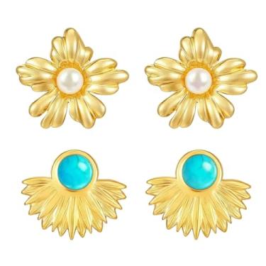 Imagem de 2 pares de brincos femininos banhados a ouro 14 K, brincos florais de aço inoxidável, exclusivo e grande, brincos de concha de praia, hipoalergênicos, anéis de orelha grossos, Aço inoxidável, Sem