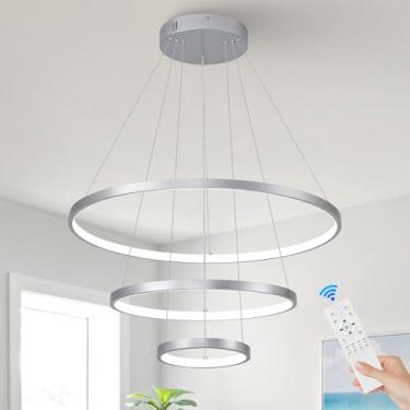 Imagem de AIRYPHANT Lustres de LED prateados modernos com 3 anéis lustre de 59,9 cm regulável LED luminária pendente de controle remoto contemporâneo com montagem embutida para sala de jantar quarto hall de