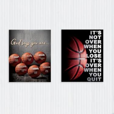 Imagem de 2 peças de impressões de arte de parede com tema esportivo inspirador sem moldura, pôster de citação motivacional para decoração de parede de basquete, arte impressa em pôster para adolescentes e