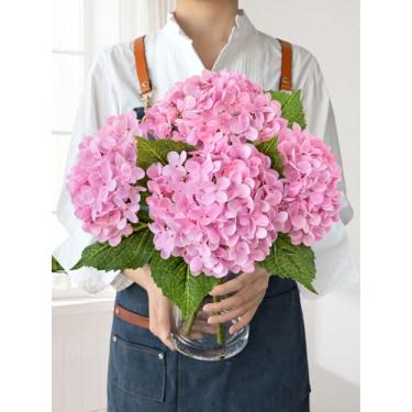 Imagem de JINWOE Flores artificiais de hortênsia rosa claro, 4 peças de flores artificiais de hortênsia sintética de látex de toque real de 50,8 cm, buquê de hortênsias artificiais para mesas de centro de
