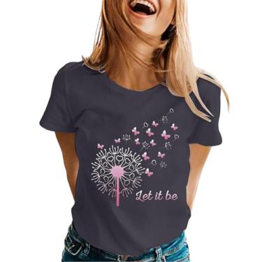 Imagem de Blusa feminina com gola redonda e manga curta, estampa de dente-de-leão, blusa solta casual de verão para meninas 2024 roupas modernas, Cinza, XXG