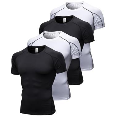 Imagem de SPVISE Pacote com 2 ou 4 camisetas masculinas de compressão de manga curta e secagem fresca para academia esportiva, Pacote com 4 nº 2 preto + 2 branco, P