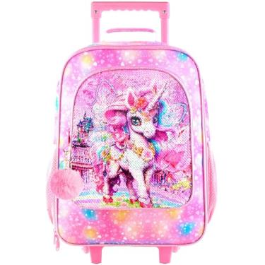Imagem de HPJGD Bagagem infantil com lantejoulas, bolsa de viagem de unicórnio fofo para crianças em idade pré-escolar, Bagagem rosa unicórnio para meninas, One Size, Bagagem para meninas