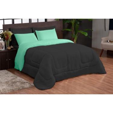 Imagem de Kit edredom dupla face casal queen 06 peças verde preto microfibra - N