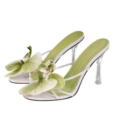 Imagem de sexytag Sandálias de dedo transparentes com estampa floral, salto agulha de flor, bico aberto, mules, Verde, 37
