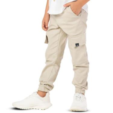 Imagem de Calça Infantil Menino Jogger Bolso Cargo Elástico Sarja Bege - VRASALO