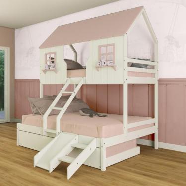 Imagem de Treliche Casal/ Solteiro Casinha Encantada com Kit Escada/ Escorregador Madeira Maciça Branco/ Rosa Megamobilia
