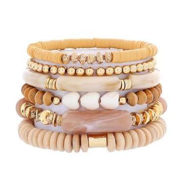 Imagem de GOOJIDS Pulseira simples com contas banhadas a ouro grosso tubo de bambu curvado empilhável contas coloridas de acrílico transparente conjunto de pulseiras banhadas a ouro para mulheres, 6.6 inches