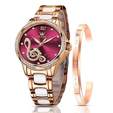 Imagem de OLEVS Relógios femininos automáticos mecânicos automáticos ouro rosa relógio feminino pulseira de cerâmica à prova d'água relógio de pulso feminino, Mostrador vermelho, Relógio social elegante