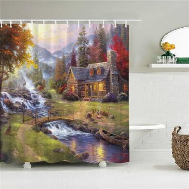Imagem de Cortina de chuveiro de banheiro com impressão de paisagem de cidade rural, cortina de poliéster com pintura de cenário, decoração para casa, 6305W, W90xH180cm