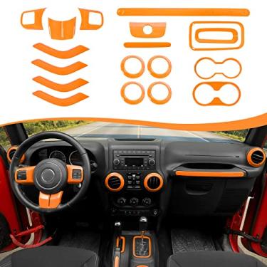 Imagem de CheroCar Kit de acabamento interno 18 peças para Jeep Wrangler JK JKU 2011-2018 4 portas, capa de volante, capa de suporte de copo de acabamento de ventilação de ar condicionado, moldura de botões de mudança de marcha, laranja..