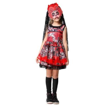 Imagem de Fantasia de Halloween Rainha dos Mortos Infantil Com Tiara e Véu G 9-10
